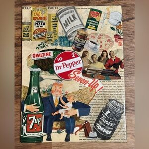 Vintage collage art canvas panel 1940s magazine clippings advertisement